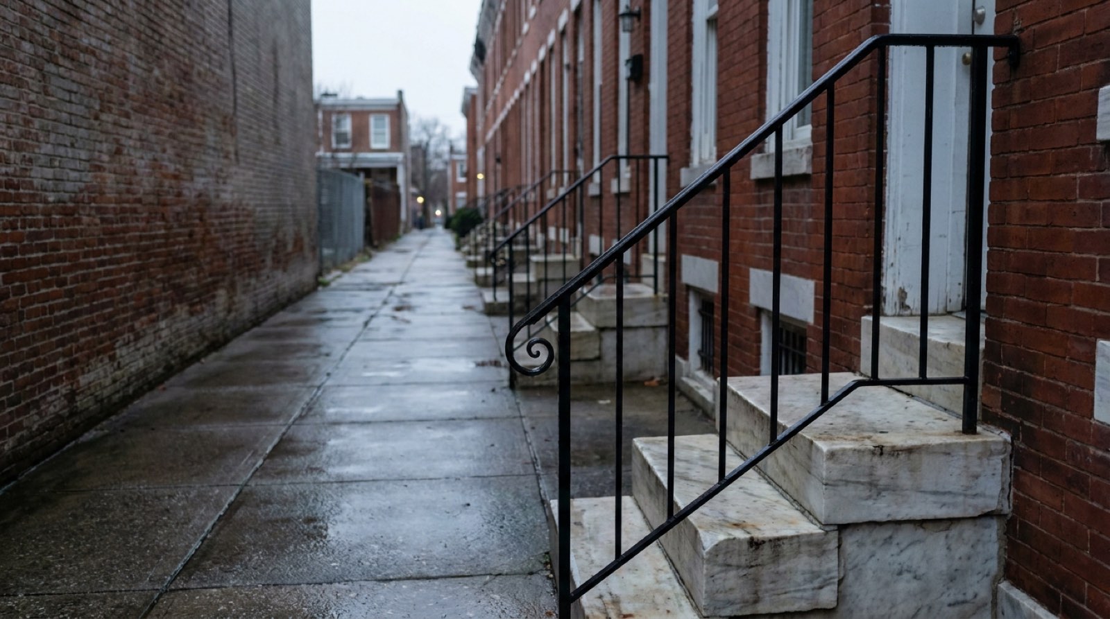 Black wrought-iron handrails with a scroll at the bottom post on white marble rowhouse steps, a row of red-brick rowhouses running down a wet Baltimore street