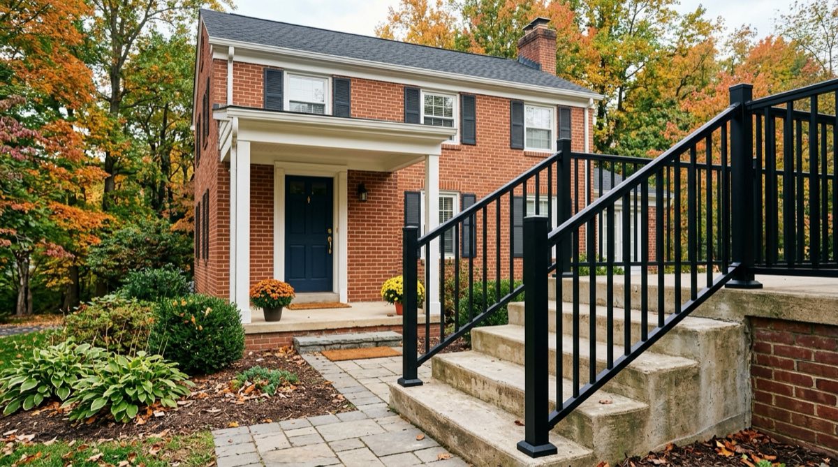 Black aluminum railings on the concrete front steps of a brick colonial house with autumn trees behind
