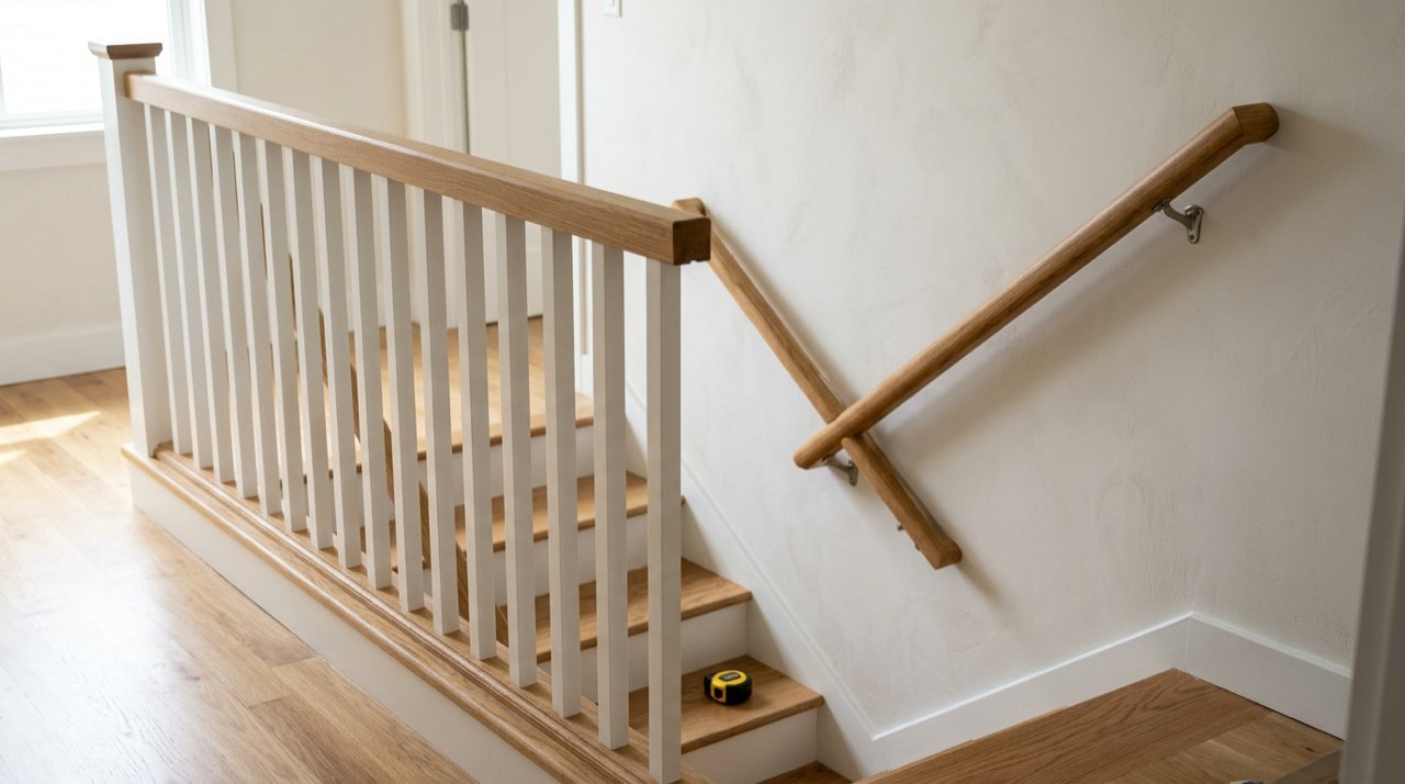 Interior stair with evenly spaced white balusters and a round oak handrail on wall brackets, a tape measure on a tread