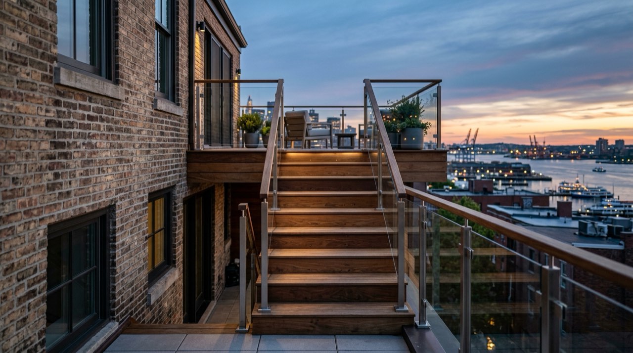 Wood stair leading to a rooftop deck with stainless posts and glass-panel guards, a harbor skyline at dusk behind