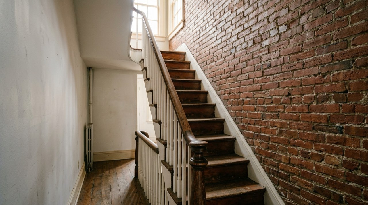 Narrow interior staircase with a stained oak handrail, newel post and white balusters beside an exposed red-brick wall