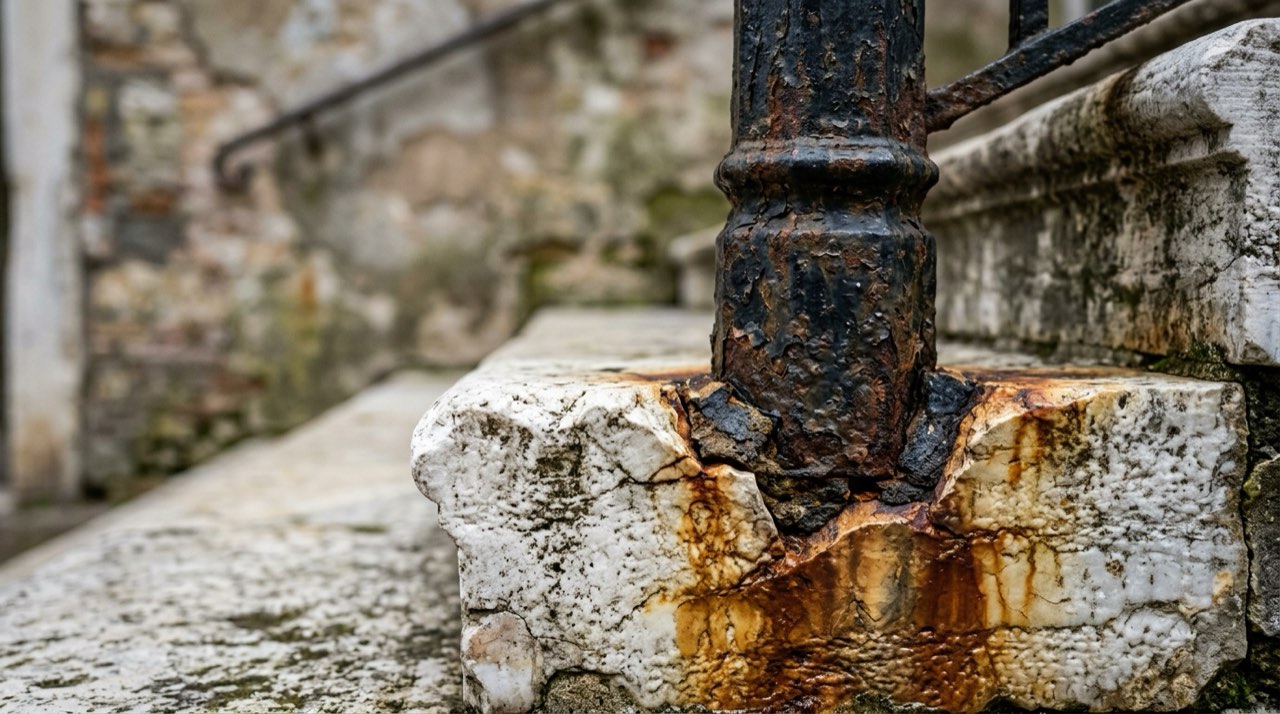 Close-up of a rusted iron railing post where it enters a cracked white marble step, rust staining the stone