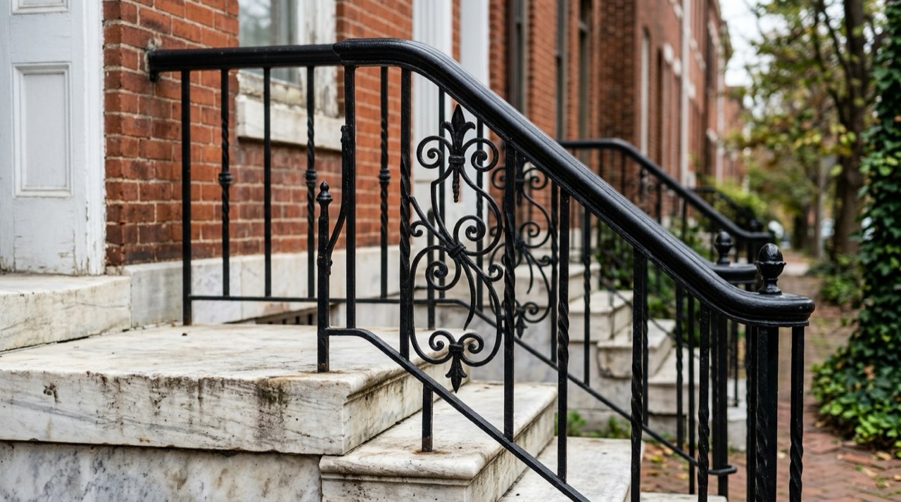 Black ornamental wrought-iron stair railing with scroll balusters on white marble rowhouse steps beside a red-brick facade