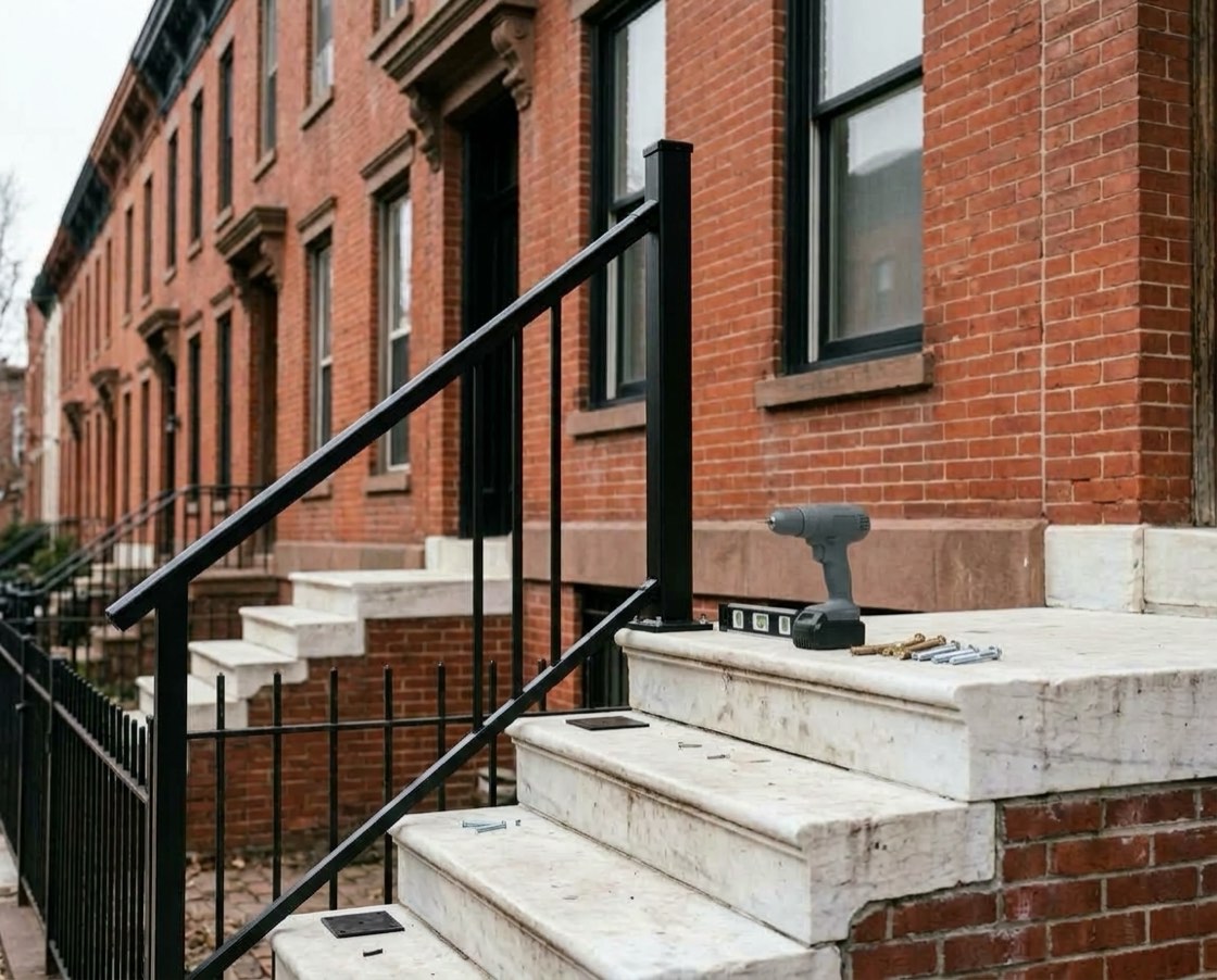 New black steel railing post freshly set on white marble rowhouse steps, a drill, level and anchors resting on the top step, red-brick rowhouses behind